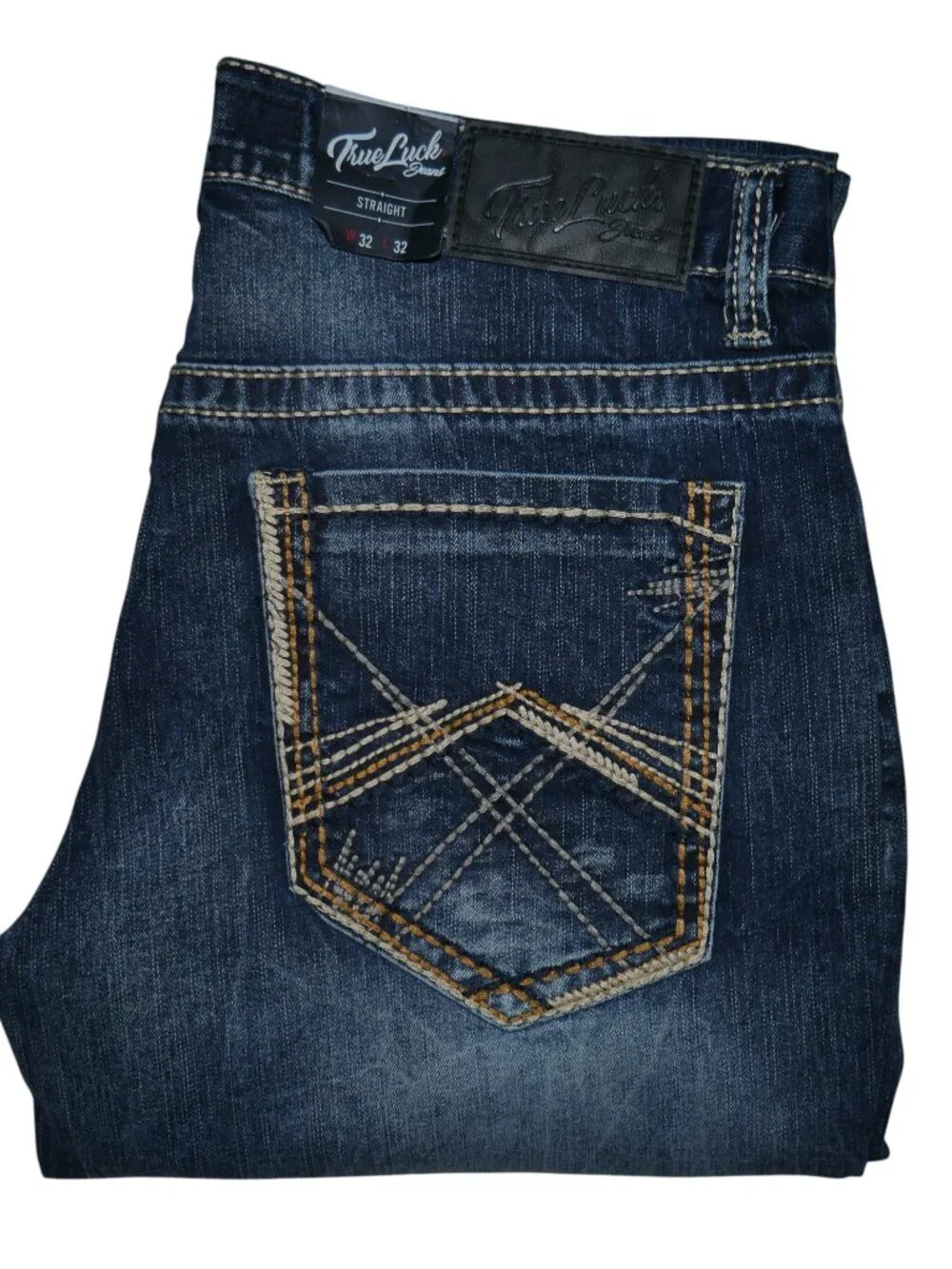 True Luck Straight Leg Jeans Dark Wash Denim Men's Size 32x32 Thick Stitch BKE